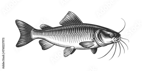 Vintage Hand Drawn Catfish Illustration | Detailed Freshwater Fish Engraving | Aquatic Wildlife Sketch