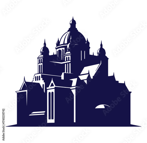 Silhouette of a majestic cathedral building in elegant blue with detailed architectural elements