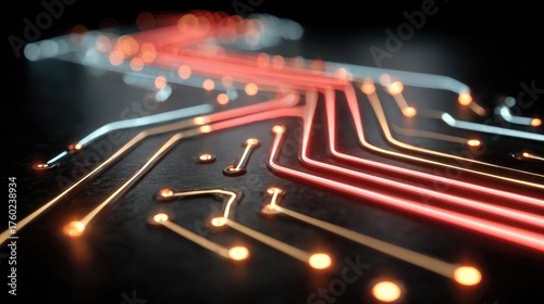 Elegant circuit board design glows with vibrant orange and red light highlighting digital connectivity and data flow creating a modern tech aesthetic, ideal for innovation visuals