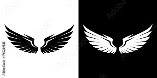 A striking graphic featuring a pair of stylized wings, presented in both black on white and white on black.