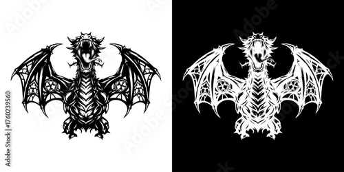 A highly detailed black and white illustration of a mythical dragon with spread wings, presented on both a white and black background.