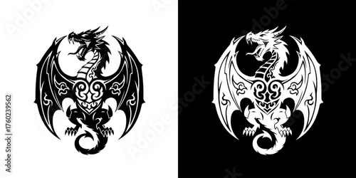 A striking black and white graphic illustration of a dragon with spread wings and intricate tribal patterns on its body and wings.