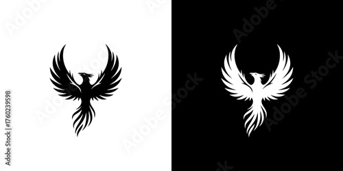 A striking black and white graphic design featuring a stylized phoenix in flight, presented on contrasting backgrounds.