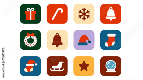 Tinsel Town Icon Tiles — Gift, Candy Cane, Snowflake, Bells, Wreath, Santa Hat, Stockings, Sleigh, Star & Snow Globe