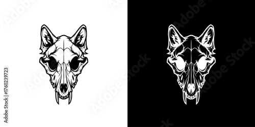 A stark black and white illustration of a detailed wolf skull, presented on both a white and a black background.
