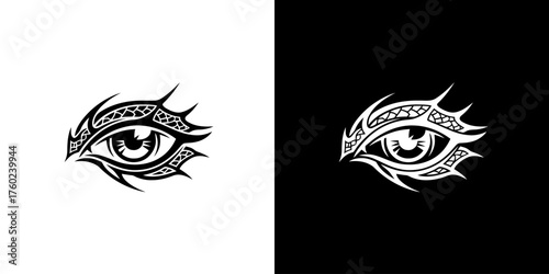 A stylized tribal eye design, presented in both black on white and white on black.