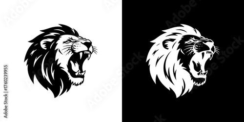 A striking black and white illustration of a roaring lion's head, presented in two contrasting styles on separate backgrounds.
