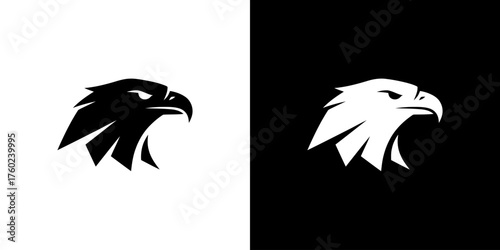 A striking graphic design featuring the head of an eagle in silhouette, presented in both black on white and white on black.