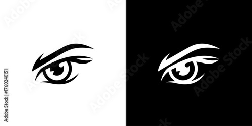 A stylized graphic of a human eye, presented in both black on white and white on black.