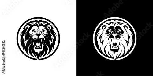 A fierce lion's head with an open mouth and sharp teeth, depicted in a circular emblem, presented in both black on white and white on black.