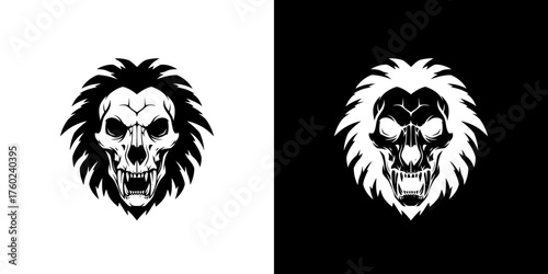 A striking black and white graphic illustration of a skull with a lion's mane, presented in two variations against contrasting backgrounds.