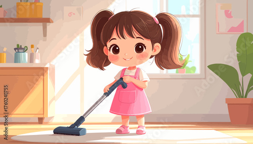 Adorable cartoon girl with pigtails in a pink dress happily vacuuming the rug in a sunlit living room, learning responsibility through household chores
