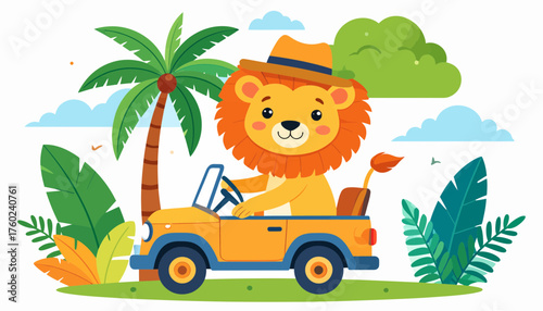 Lion on a jungle adventure in a yellow jeep under a palm tree