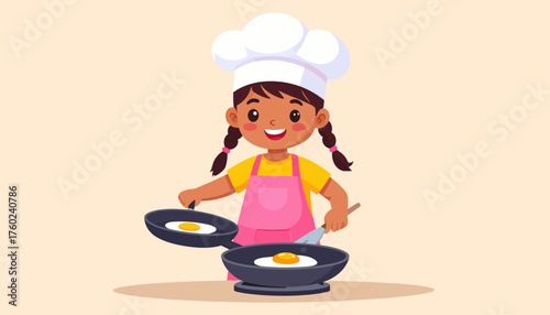 Adorable cartoon girl chef, wearing a white hat and pink apron, happily cooking sunny-side-up eggs in two frying pans. Flat vector illustration depicting a child learning to prepare breakfast