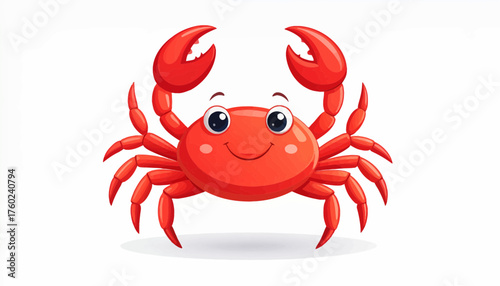 Vibrant and happy cartoon red crab illustration with a cheerful smile, ideal for children's educational content, playful marine themes, and engaging aquatic designs