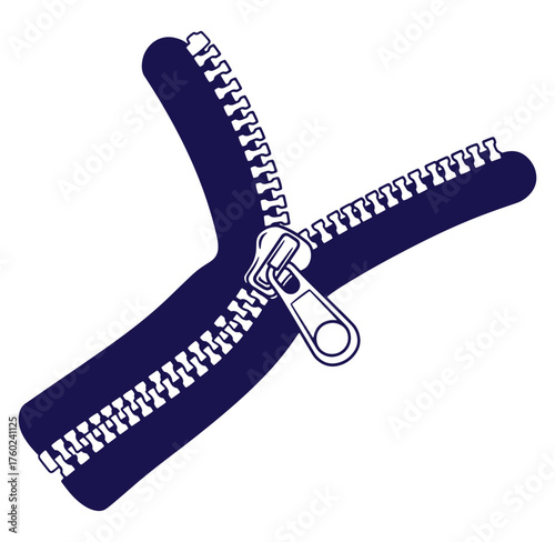 Abstract illustration of a navy blue zipper opening and closing on white background