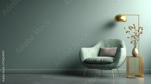 Fototapeta Naklejka Na Ścianę i Meble -  Grey green living room with lounge chair and gold accent table, modern minimalist decor, blank painted wall background, soft natural lighting, 3d rendering