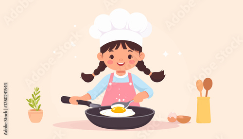 Cute little girl in chef hat happily cooking a fried egg in a pan with a spatula, representing childhood culinary adventures and fun kitchen activities