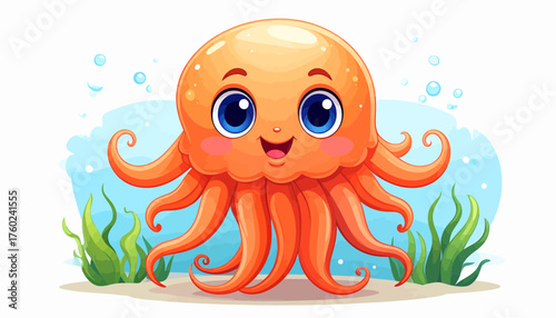 A cheerful orange cartoon jellyfish with big blue eyes, smiling happily underwater. Adorable sea animal character illustration for kids