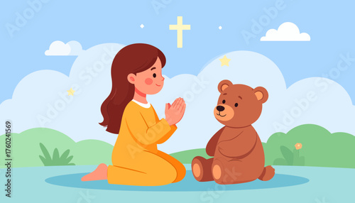 A Little Girl Kneels in Prayer Beside Her Beloved Teddy Bear Under a Peaceful Sky with a Cross Symbol