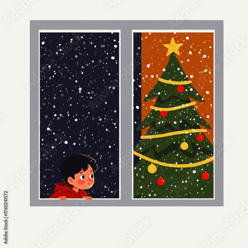 Child Gazing at Snowy Christmas Tree Through Window.