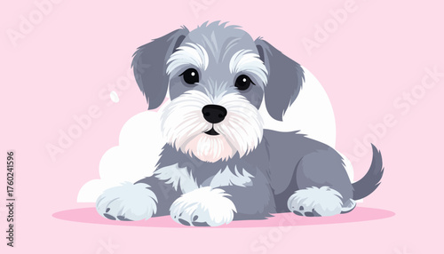 Adorable Miniature Schnauzer Puppy Relaxing on a Soft Pink Background with Fluffy Clouds