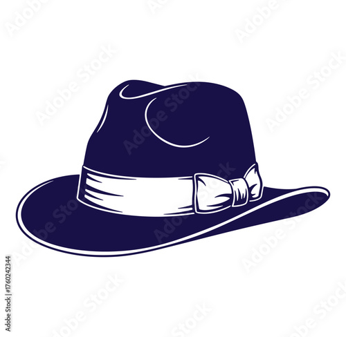 Elegant blue fedora hat with white ribbon and bow isolated on white background