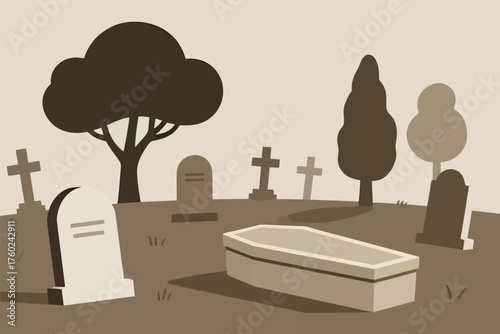 A sepia-toned illustration of a coffin surrounded by gravestones and trees in a serene cemetery at dusk with 20251018114827240.eps concept reference