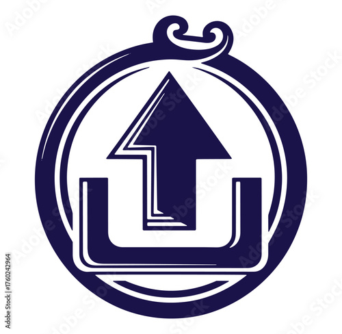 Elegant blue upload symbol design inside a circular frame with decorative elements