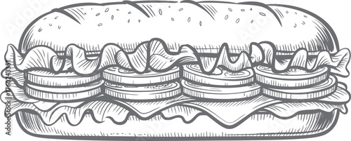 Hand Drawn Sandwich with Layers of Filling in Black and White