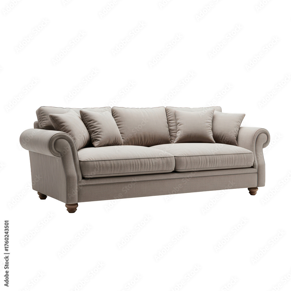Fototapeta premium Upholstered sofa with pillows on black backdrop isolated illustration on transparent background