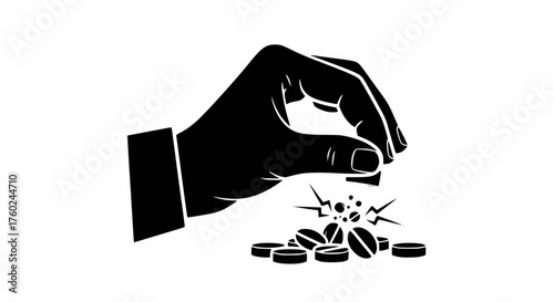 Black solid icon vector: Hand dropping or crushing a handful of pills, symbolizing drug abuse, overdose, addiction, or medication tampering