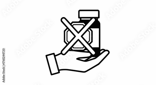Black and white line art vector: Hand holding a prescription bottle with a crossed-out label, symbolizing drug refusal, ban, or medication restriction