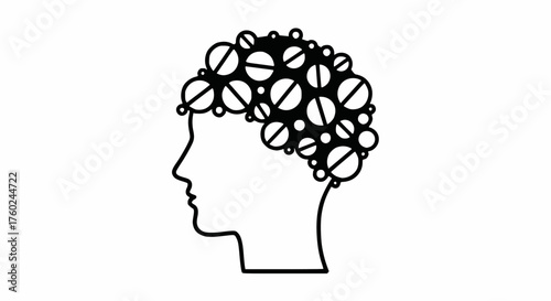 Black and white vector: Human head silhouette with brain composed of pills, representing medication, mental health issues, or dependency. 
