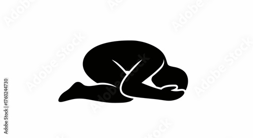 Black glyph vector icon: Person kneeling in the fetal or prayer position, symbolizing despair, submission, apology, meditation, or stress.