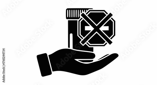 Black solid icon vector: Hand holding a banned sample container for negative drug test, refusal, or prohibited medical results.