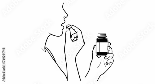 Black and white vector illustration: Person taking a pill or supplement from a bottle for health and wellness