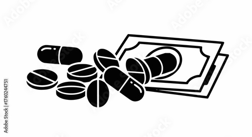 High-contrast vector silhouette of scattered pills and capsules alongside a stack of money/cash, symbolizing healthcare costs, pharmacy business, and the drug economy.