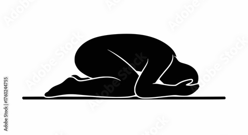 Minimalist black silhouette vector of a person in Child's Pose (Balasana), representing yoga, meditation, relaxation, worship, surrender, rest, and humility.