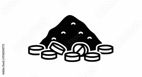High-contrast vector icon of a powder pile and scattered pills in a black silhouette, symbolizing drugs, medicine, addiction, pharmaceuticals, or illicit substances.
