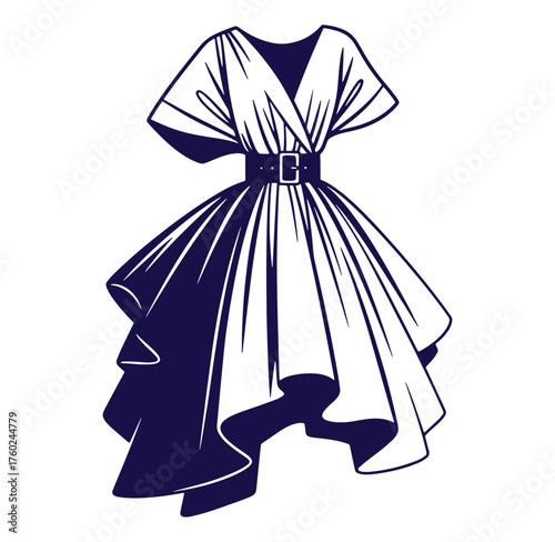 Elegant silhouette illustration of a flared dress with a belt fashion and design concept