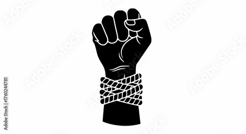 High-contrast vector graphic of a bound fist in a black silhouette, powerfully symbolizing the fight for freedom, oppression, social struggle, and civil rights.