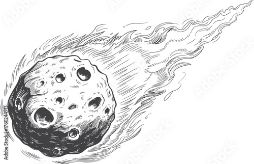 Hand Drawn Meteor with Tail in Black and White Engraving Style
