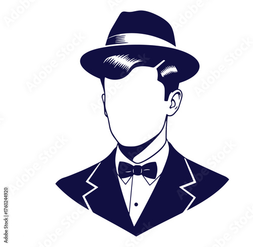 Elegant silhouette illustration of a man wearing a fedora and bow tie in simple lines