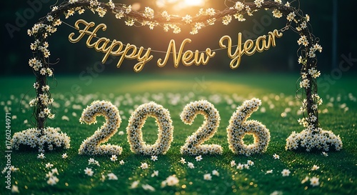 A festive Happy New Year 2026 greeting card with golden text and numbers made of beautiful white flowers on a lush green lawn
