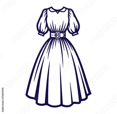 Elegant vintage dress illustration with belt and puff sleeves for fashion and design projects