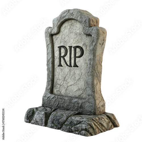 A weathered, stone tombstone with the word 'RIP' engraved on it, set against a png transparent.