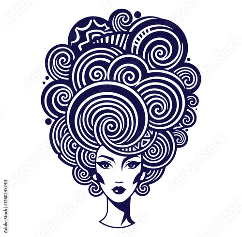 Elegant woman's portrait with swirling hair design in a stylish retro vector illustration