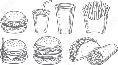 Black and White Fast Food Set with Burgers, Fries, and Soda Sketch Style