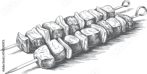 Hand Drawn Skewered Meat on Sticks in Black and White